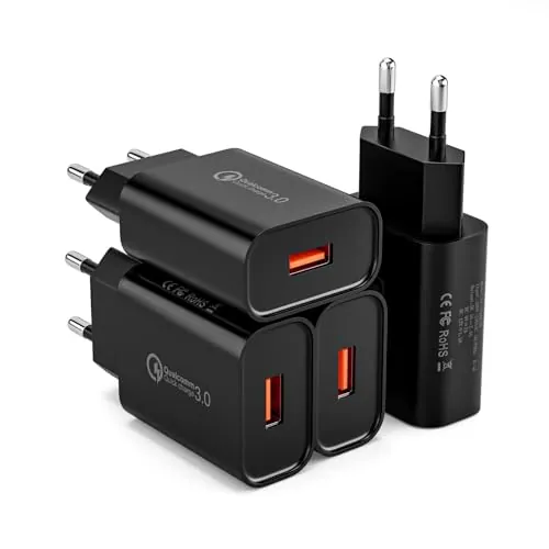 4 Pack 18W Cargador Carga Rapida Enchufe USB, Cabeza Cargador Movil USB Adaptador para Samsung Galaxy A13 A14 A15 A20 A23 A25 A33 A35 A03S A04S A51 A55 A71 A72 5G, S9 S10 S20 Plus FE, Xiaomi Redmi