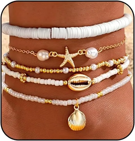 Kabwea 5 Pares de Tobilleras Boho Ajustables de 14K con Perlas, Tobilleras para Mujeres, Cadena para el Tobillo en Oro