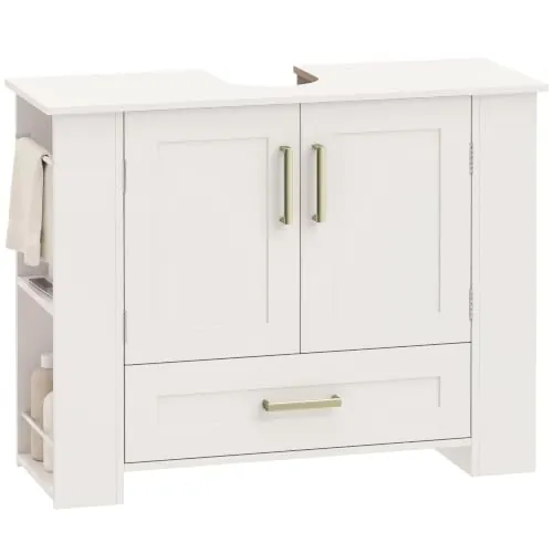 HOMCOM Mueble Bajo Lavabo con Estantes en la Puerta Portarrollos Blanco | Mueble de Baño, Cajón, Compartimentos Abiertos, para Lavabo sin Pedestal, 80x30x62 cm