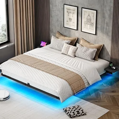 YITAHOME Estructura de Cama con iluminación LED, estación de Carga USB, Interfaz Tipo C, diseño Flotante, Marco de Metal, Funda de Tela sin colchón, 140 x 200 cm