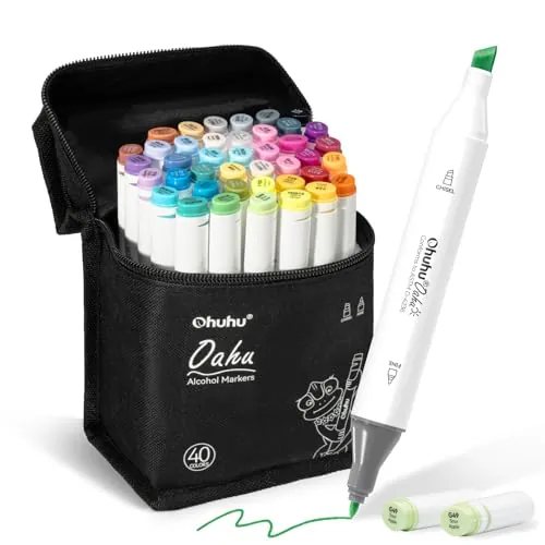 Ohuhu Rotuladores Alcohol 40 Cincel & Fino Set Arte Recargable