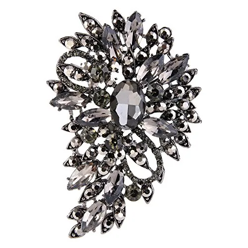 EVER FAITH Broche para Mujer Marquesa Boda Flor Hoja Cristal Austríaco Gris Tono Negro