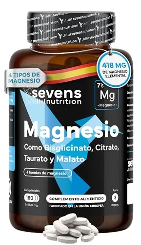Magnesio Complex 4 en 1 - Citrato, Bisglicinato Quelado, Malato y Taurato | Alta Biodisponibilidad - Energía y Función Muscular. Reduce Cansancio y Fatiga - 180 Comprimidos - Hecho en España - Sevens