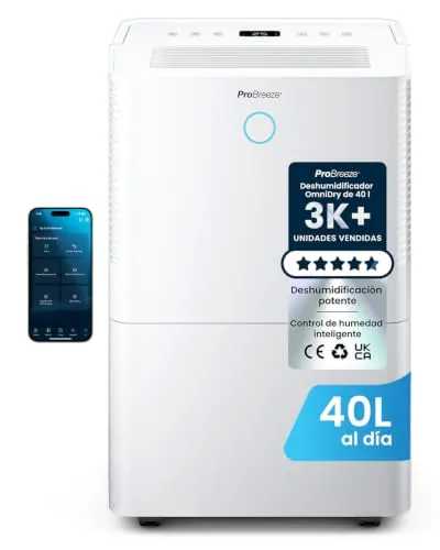 Pro Breeze® deshumidificador inteligente 40L/día con Wi-Fi, sensor automático, modo ropa, temporizador 24h y drenaje continuo silencioso