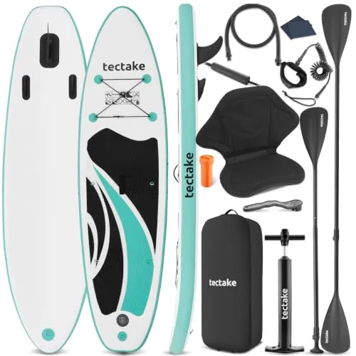tectake® Tabla de Paddle Surf Hinchable, Incluye Remo 2 en 1, Asiento Incorporado de Kayak, SUP Hinchable, Bomba de Aire, Mochila Remo Doble y 3 Aletas, Tabla Hinchable, Carga Máx: 200kg - Blanco/Azul