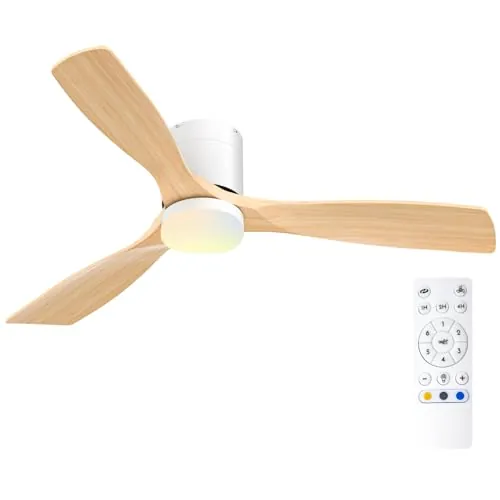 Passky Ventilador de Techo con Luz Silencioso 132cm 3 Aspas Madera Mando a Distancia Motor DC 3 Luces Regulables Modo Verano-Invierno 6 Velocidades Temporizador Interior/Exterior Blanco
