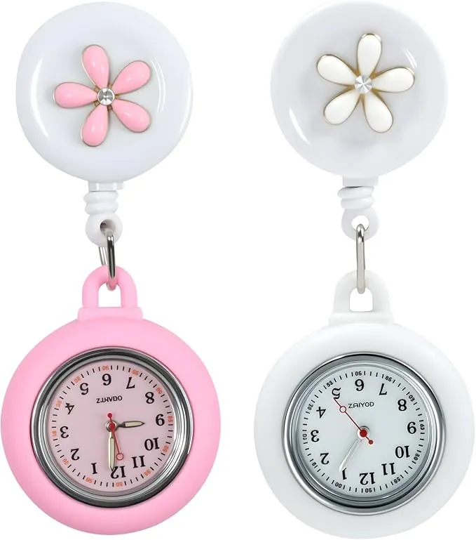 2pcs Relojes de Enfermera, Relojes Retráctiles para Enfermería, Reloj Enfermera con Clip y Funda de Silicona, Relojes de Bolsillo Brillan en la Oscuridad, para Clínicas y Uso Diario