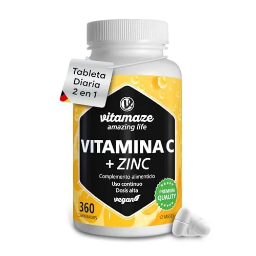 Vitamina C 1000 mg - 360 Comprimidos (12 meses), con Zinc y Bioflavonoides - 1 comprimido al día - Sistema Inmunológico y Antioxidante, Vitamina C Pura y Vegana de Calidad Alemana. Vitamaze