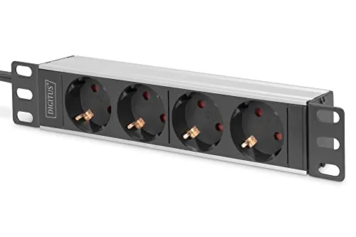 DIGITUS Regleta de alimentación de 4 vías, 1U, 10 pulgadas (254 mm), montaje en rack en armario de red, DN-95418, plateada/negra