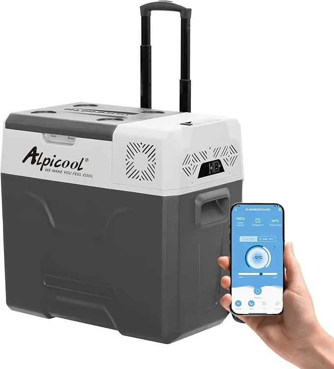 Alpicool CX50 50 litros Nevera portátil 12 V, para Coche, Camping, camión, Barco y Enchufe con conexión USB, Barra telescópica, Rueda