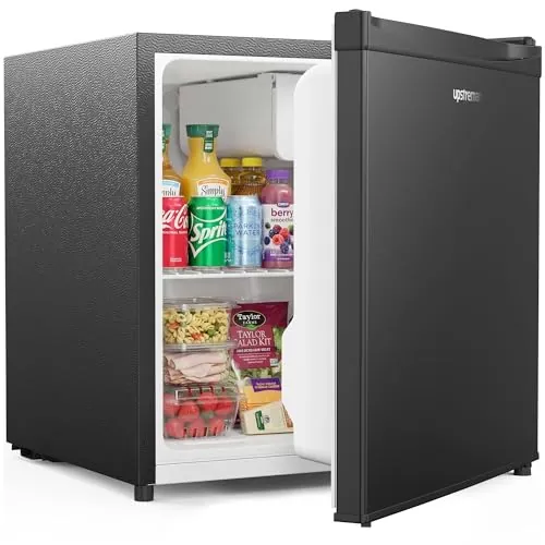 Upstreman 46L Mini Nevera con Congelador, 1℃-8℃ Termostato Ajustable, Ahorro de Energía, Silencioso, Minibar para Dormitorio, Oficina, Hotel, FR17- negro brillante