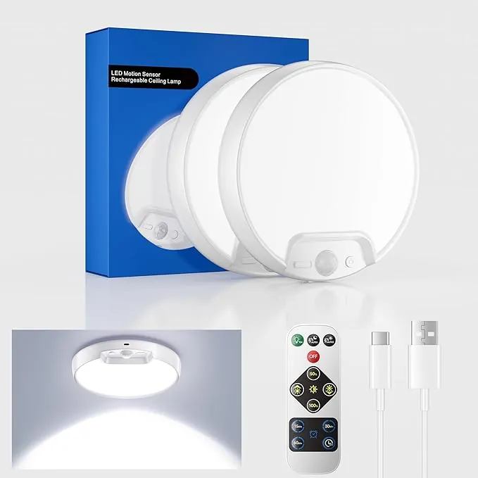 Homelist Plafon LED Techo con Sensor de Movimiento, Lampara Techo sin Cables para Baño Con Mando a Distancia, 8000mAh Luz de Ducha Recargable con Batería, Porche, Escaleras, Garaje, 2 Paquetes