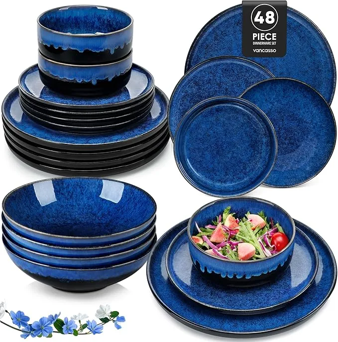 vancasso STARRY Juego de Vajilla Completa para 12 Persone, Vajilla 48 Piezas de Esmaltado Reactivo in Gres, con Platos Llanos, Platos de Postre, Ensaladeras y Tazones de Cereales, Vintage Azul