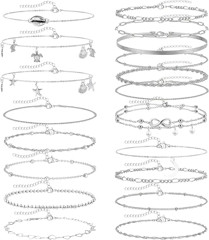JSTHHTT 19Pcs Pulsera TobilloConjunto de Tobilleras Mujer Plateadas,Pulsera Tobillo de Moda para Mujer,Tobilleras Pulseras Elegantes y Atractivas,Ideal para Complementar Estilo,Tobillera Plata