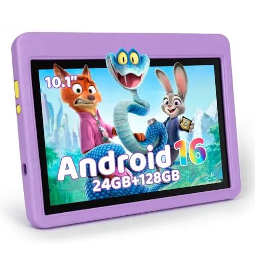 MUISOO Tablet para Niños 10 Pulgadas, Tablet Infantil Android 16 Cinco Núcleos, 24GB RAM 128GB ROM, Pantalla IPS HD 1280×800, Batería 6000mAh, Control Parental, WiFi 6 Bluetooth (Morado)
