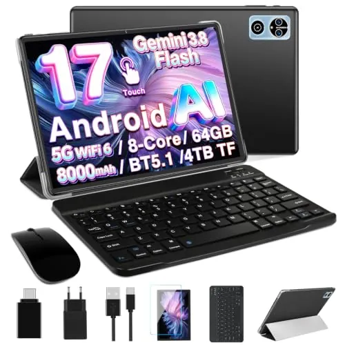 Gemini 3.8 AI Android 17 Tablets 10 Pulgadas, 8000mAh,Tablet 5G+2.4G Wi-Fi 6,8-Core,Bluetooth 5.1, 4 TB TF+64 GB, Asistente Ai, Widevine L1, 8MP, GMS, 3 en 1 Tablet con Teclado,Ratón y Funda - Negro