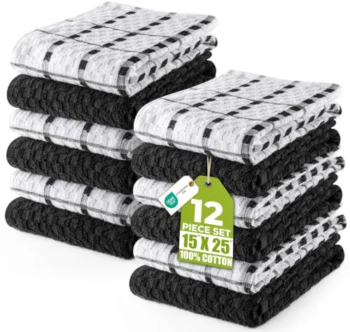 Utopia Towels Toallas de Cocina, 38 x 64 cm, 100% algodón Hilado en Anillo, Toallas de Plato súper Suaves y absorbentes, Toallas de té y Toallas de Barra, (Paquete de 12) (Negro Y Blanco)
