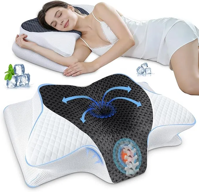 SAHEYER Almohada Cervical Ergonómica, Almohada Ortopédica para Dormir de Lado Almohada de Espuma con Memoria para Apoyar el Cuello Almohada para Dormir, 60x35,5x13/10CM, Gris