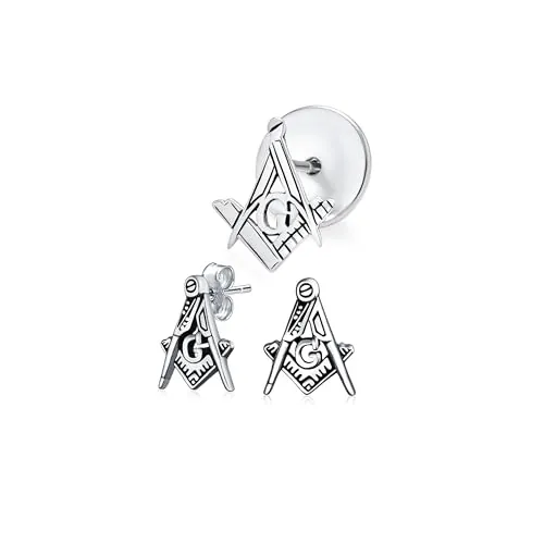 Conjunto de Dos Pequeños Aretes de Estud con Símbolo Masónico de Escuadra y Compás Broche de Solapa Para Mujeres Para Hombres Plata de Ley Oxidada .925
