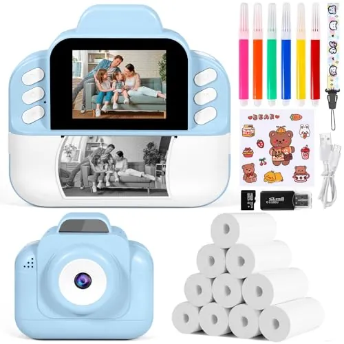 Cámara infantil Impresión instantánea, - 2,4" HD 1080P - con tarjeta SD de 32 GB, 10 rollos de papel, colgante. Cámara para niños y niñas