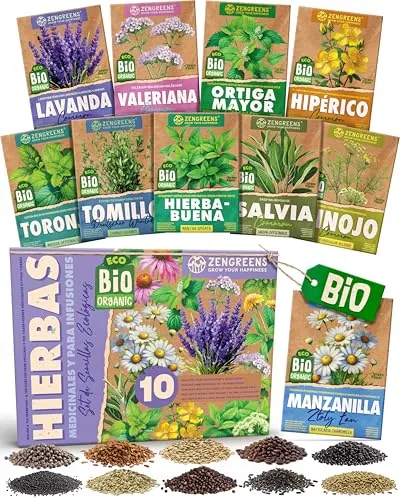 ZenGreens® - Set de semillas de hierbas medicinales y para infusiones eco - 10 variedades para cultivar fácilmente en el jardín, balcón o parterre elevado - Sementes verduras