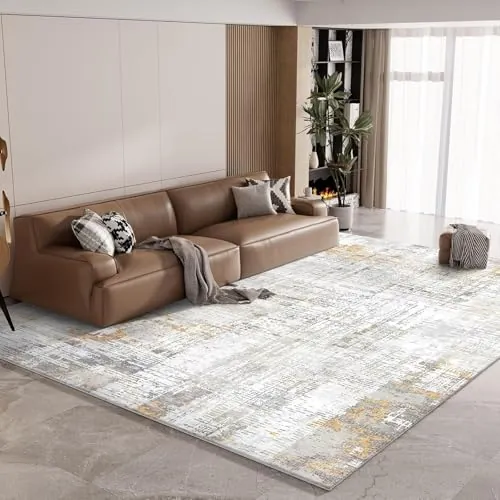 Vamcheer Alfombra de Salón, 120×170 cm Esponja Gruesa y Suave Tipo Cachemira, Moderna Abstracta Lavable y Antideslizante para Sala de Estar y Dormitorio,Decoración de Interiores,Amarillo/Gris Claro