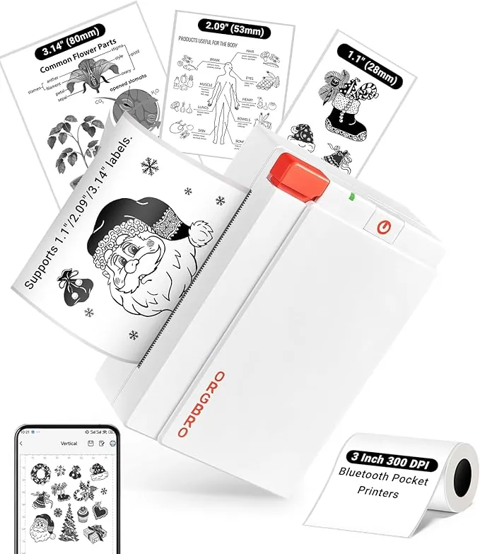 ORGBRO Mini Impresora Termica, X3 Bluetooth Impresora Pegatinas Autoadhesivas Portatil, con 1 Rollo de Papel Térmico, 300DPI Impresora Fotográfica Adecuado para Notas de Estudio, Fotos, Blanco
