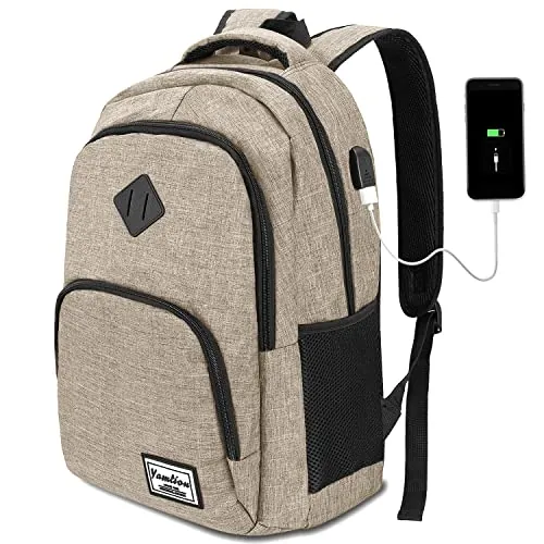 YAMTION - Mochila Escolar con Puerto USB para Computadora Portátil, Universidad, Viaje, Oficina, Adolescentes, Color Beige
