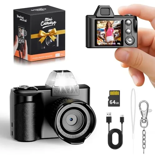 Mini Camara Digital - Maxmango 1.3'' 1080P Mini Camara de Fotos Portátil con 64 GB, Videocámara de Bolsillo para Viajes, Vlogs y Entretenimiento (Negra)