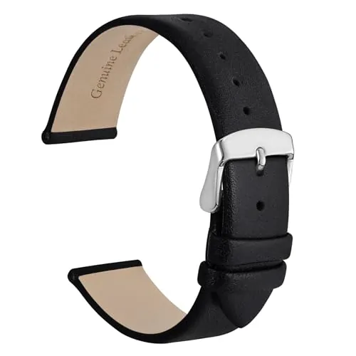 WOCCI 20mm Elegante Correa de Reloj de Cuero con Hebilla Plateada (Negro)