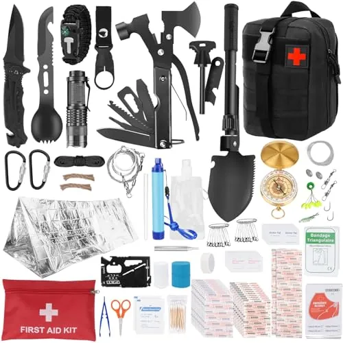 HIMOMO Kit de Supervivencia 103 en 1, Equipo de Supervivencia Kit de Emergencia para al Aire, Supervivencia de Bolsa de Herramientas para Que Viajan Hacen Montañismo Acampa, Hombres Regalo Ideal