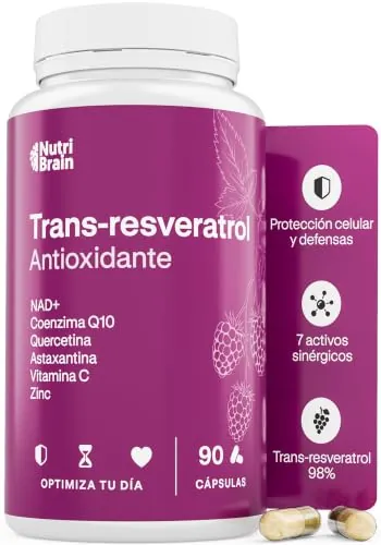 Resveratrol & NAD + Coenzima Q10, Zinc, Astaxantina y Vitamina C - 90 Cápsulas (3 Meses) - Potente Antioxidante, Antiedad, Bienestar Cognitivo, Energía e Inmunidad