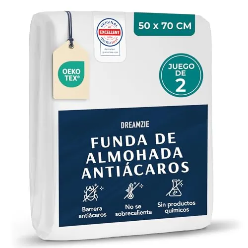Dreamzie - Funda de Almohada Antiácaros 50x70 cm - Juego de 2 - Blanco