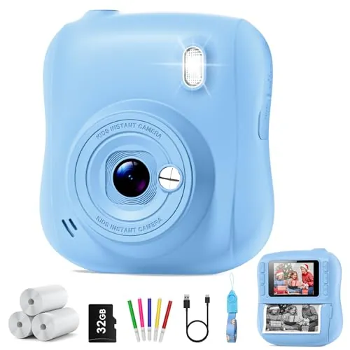 Cámara Instantánea para Niños con Impresión, Cámara Infantil HD 14MP 1080P con Tarjeta 32GB y Papel Térmico, Cumpleaños para Niños y Niñas de 3 a 10 Años, Azul