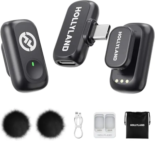 Hollyland Lark A1 Mini Duo - Mini micrófono inalámbrico para iPhone 15/16 y Android (2 TX + USB-C RX), micrófono magnético para Youtube, TikTok, podcasts y Vlogs (Negro, sin Estuche de Carga)
