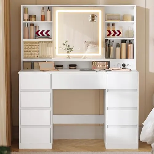 VASAGLE Kailyn Colección - Tocador con Espejo LED, Regleta, 9 Cajones, Lupa de 10x, Iluminación de 3 Colores, Montaje sin Herramientas, Blanco Nube RDT137W01