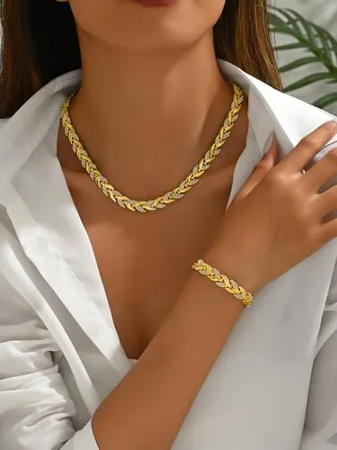 Conjunto de joyas de oro rosa para mujer, con collar de hojas y pulsera, set de joyas con diamantes de imitación, elegante collar y pulsera de declaración, ajustable, brillante, set de moda para
