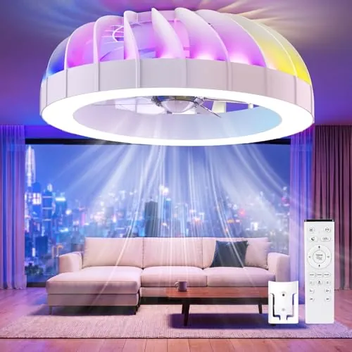 Ateroll Ventilador de Techo con luz, 46CM RGB Lampara Ventilador Techo con Control Remoto, 6 Velocidades 3000K-6500K Dimmable Silent LED Ventiladores de Techo, Temporizador y Memoria, Dormitorio Salón