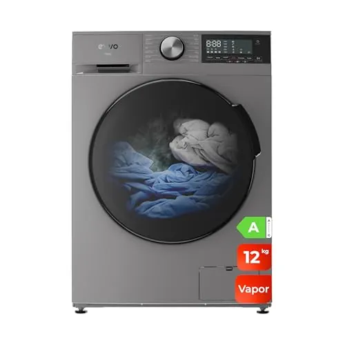 EVVO Lavadora 12kg, Vapor, Motor Inverter, Bajo consumo, Clase A, Hygiene Pro, Lavado Rápido 15', Tambor ePROTECT, SMART LOAD, 1400 rpm, 13 programas, Carga frontal, Nova (12Kg, Inox)