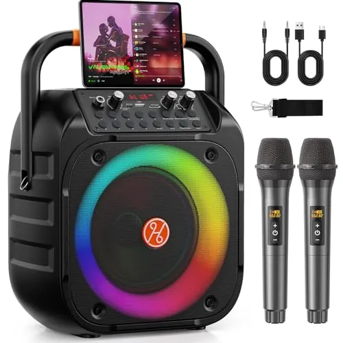 HWWR Karaoke con 2 Micrófonos Inalámbricos, Altavoz Bluetooth 60W con Bluetooth 5.3, Batería de 5500 mAh, Luces RGB, TV/AUX/USB/TF, Altavoz Karaoke para Adultos y Niños, Karaoke Completo para Fiestas