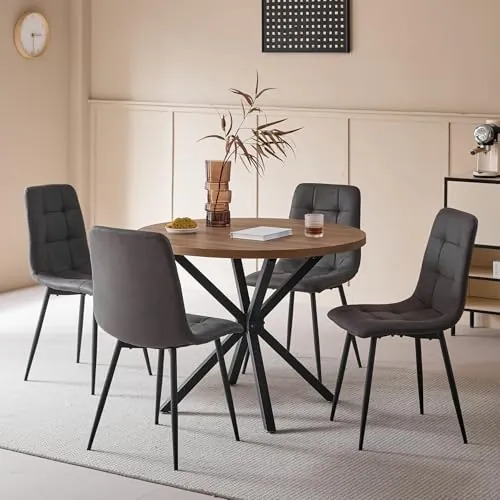 DEYARNA HOME Juego de Comedor Mesa Redonda 100cm y 4 Sillas de Comedor Tapizadas, Conjunto Mesa y Sillas para Cocina y Salón (Madera Oscura+Gris Oscuro (PU))