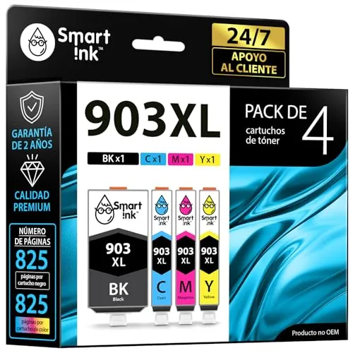 Smart Ink Reemplazo Compatible del Cartucho de Tinta para HP 903 XL 903XL High Yield 4 Pack (Black XL & C/M/Y) con tecnología de Chip avanzado Cartuchos para HP OfficeJet Pro 6950 6960 6970 Impresora
