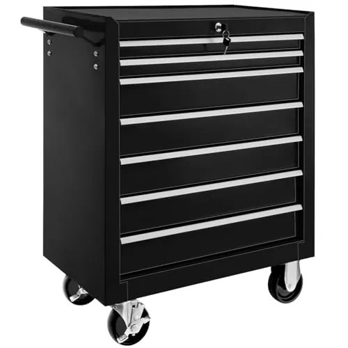 tectake ® Carrito Auxiliar con Ruedas, 7 Cajones, Revestido en Polvo, Organizador de Herramientas, Caja de Herramientas Vacía, Armario Metálico, Carro Taller, Ruedas con Freno - Negro