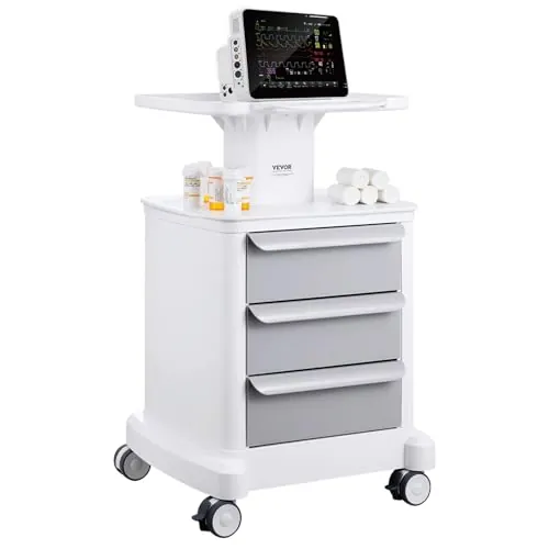 VEVOR Carros de Laboratorio de 4 Niveles Carro Médico con 3 Cajones, 1 Bandeja Superior y 4 Ruedas Silenciosas Carro Médico Móvil con Material ABS para Laboratorio, Clínica, Hospital, Blanco