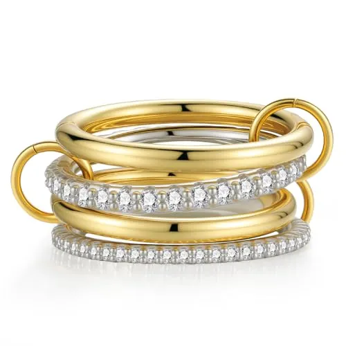 Emibele Anillos Apilables para Mujer, Anillos de Oro entrelazados, Anillo de Plata con Zirconia Cúbica, Anillo Apilables de Metal Mixto en Dos Tonos, Regalos de Joyería de Moda para Mujer, Talla 6