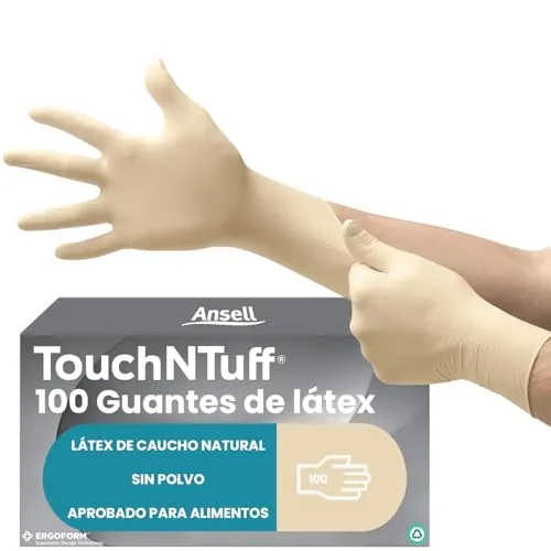 Ansell TouchNTuff 69-318 Guantes Latex Desechables, Guantes Trabajo Multiuso, Seguridad Hogar, Alimentos, Cocina, Limpieza, Mecanico, Guantes Desechables Sin Polvo, Blanco, Talla M (100 Guantes)