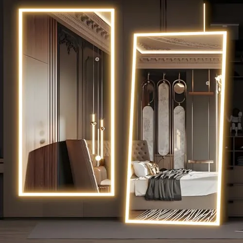 NEUWEABY Espejo de Cuerpo Entero con Luces,180 x 80 cm Iluminado Espejo de pie con LED, montado en la Pared con regulador de Intensidad y 3 Colores de iluminación para Dormitorio, Blanco