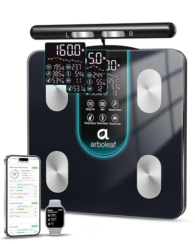 arboleaf Báscula Inteligente Bioimpedancia de 8 Electrodos, Bascula Grasa Corporal y Muscular con Bluetooth & APP, Balanza peso Corporal con Pantalla Grande, 50 Métricas, Alta Precisión, Hasta 180 KG