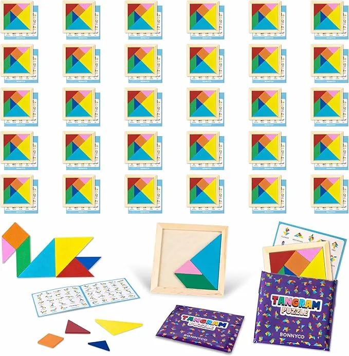BONNYCO Tangram Infantil Pack 30 Regalos Cumpleaños Niños Colegio. Detalles Cumpleaños Niños, Relleno Piñata Infantil. Regalitos Invitados, Regalos Alumnos Primaria. Mini Juegos de Rompecabezas