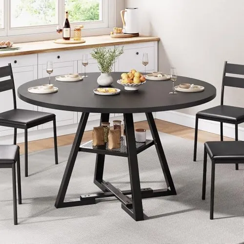 Jocoevol Mesa de Comedor Redonda para 4-6 Personas con Estante de Almacenaje, Mesa de Cocina Industrial Ahorra Espacio de Madera, Negro, 120x120x76 cm